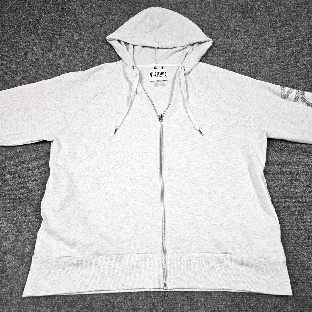 Victoria Sport Full Zip Hoodie Gray Large Glitter Sleeve Oversized Cozy Comfy